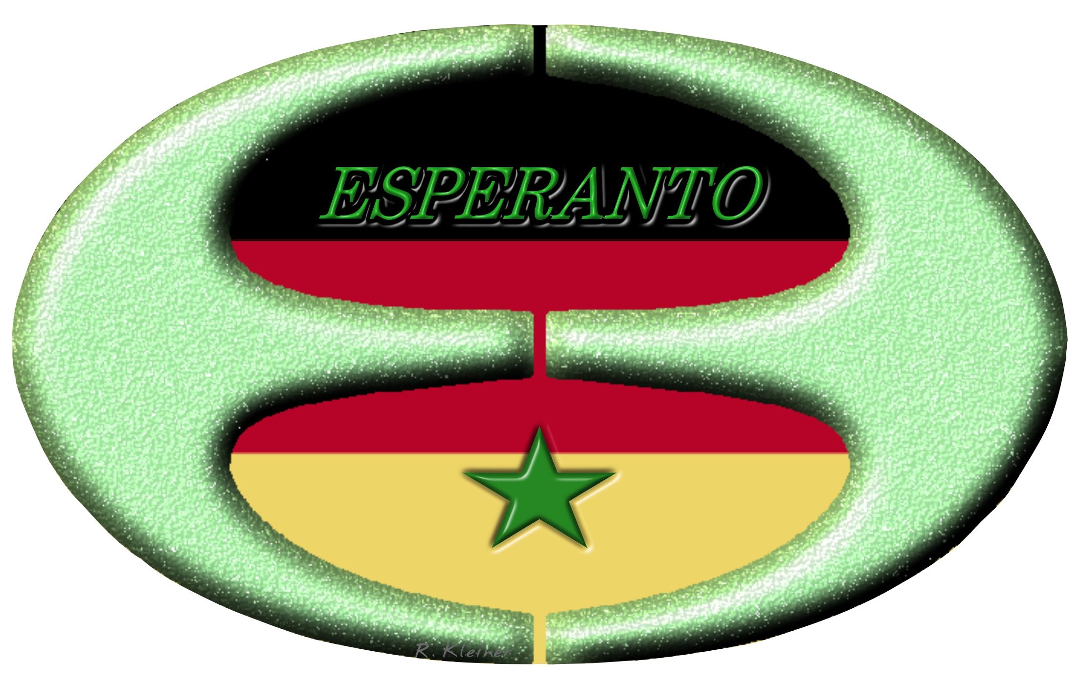 Esperanto-Ei mit grner Esperanto-Schrift und grnem Stern und deutscher Fahne im HintergrundEsperanto-Ei mit Schrift und Stern mit deutscher Fahne im Hintergrund